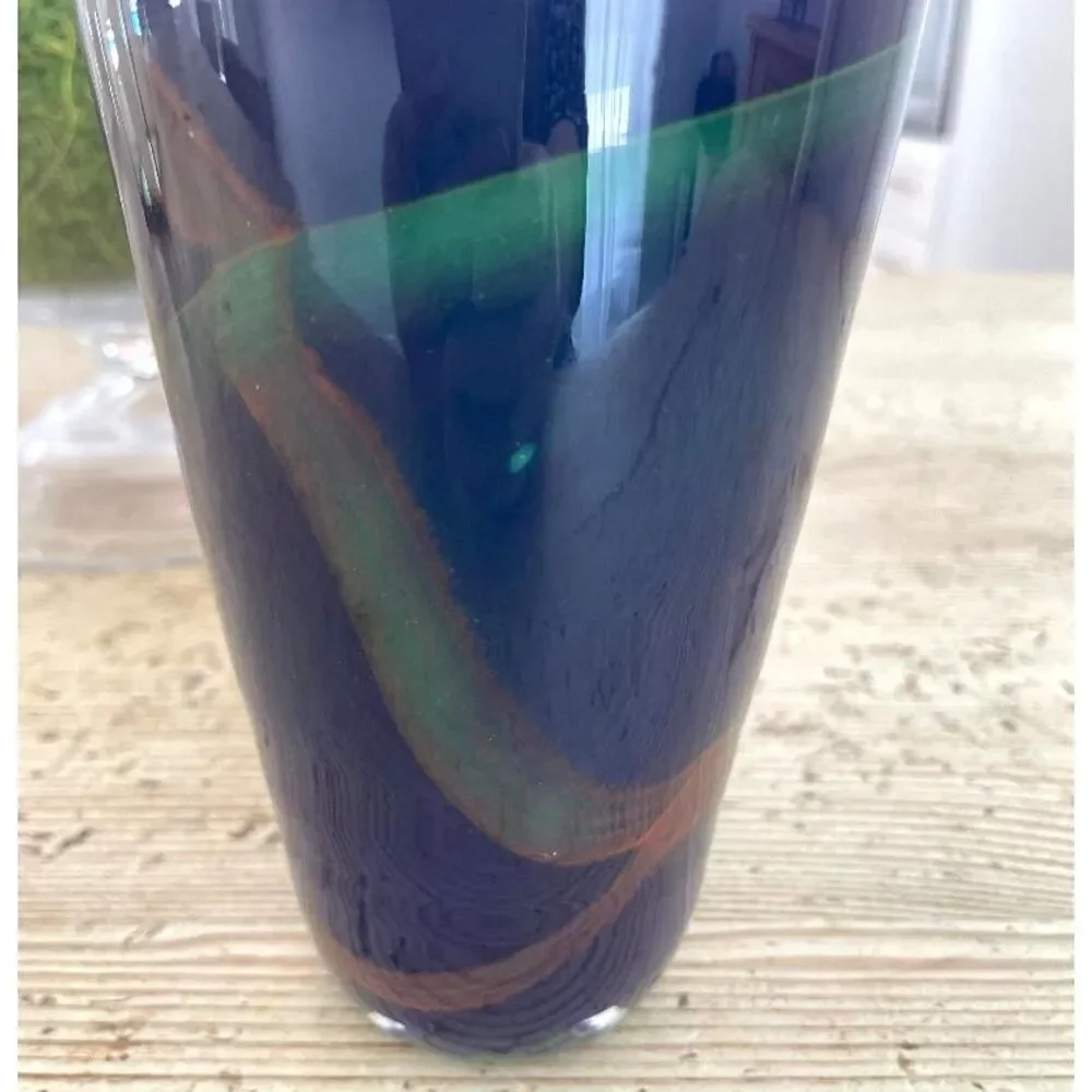 Vintage Soholm Danmark Blue Glass Vase with Cross Ribbon Accents